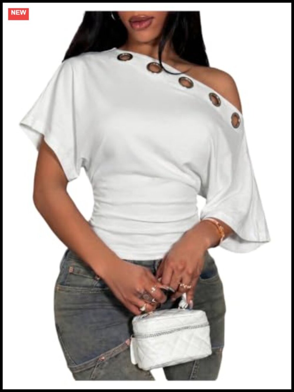 Women's Grommet Eyelet Off Shoulder Cinched Waist Slim Fit Top